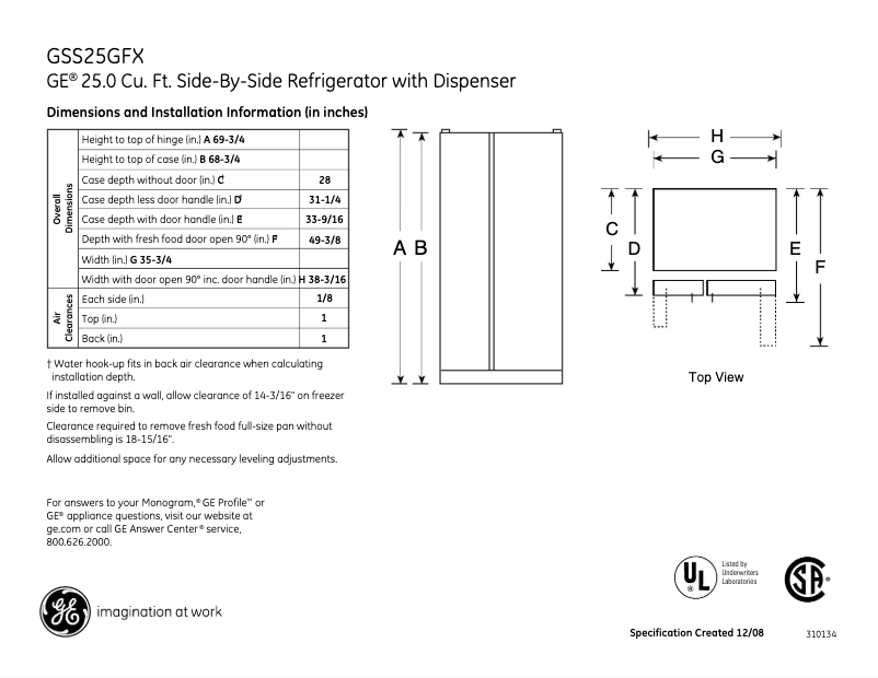 Page n°1 - Fiche technique GE GSS25GFXBB