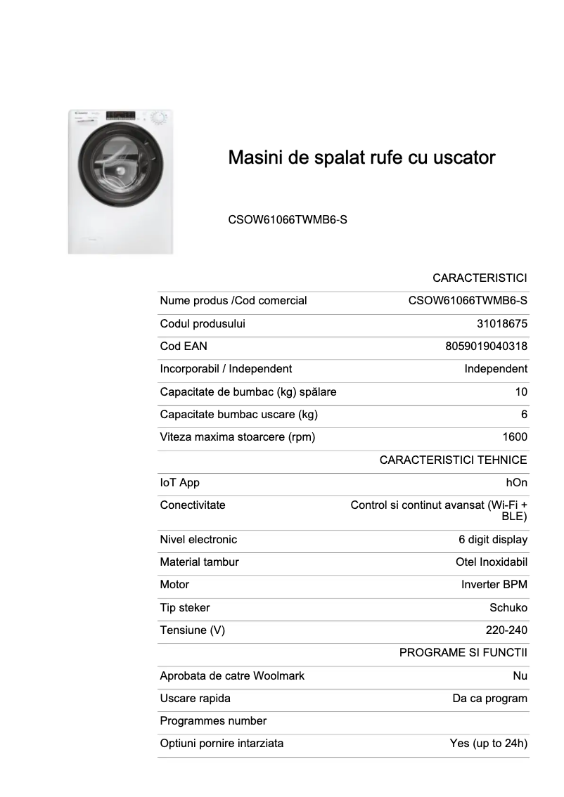 Página 1 del manual Ficha técnica Candy CSOW61066TWMB6-S