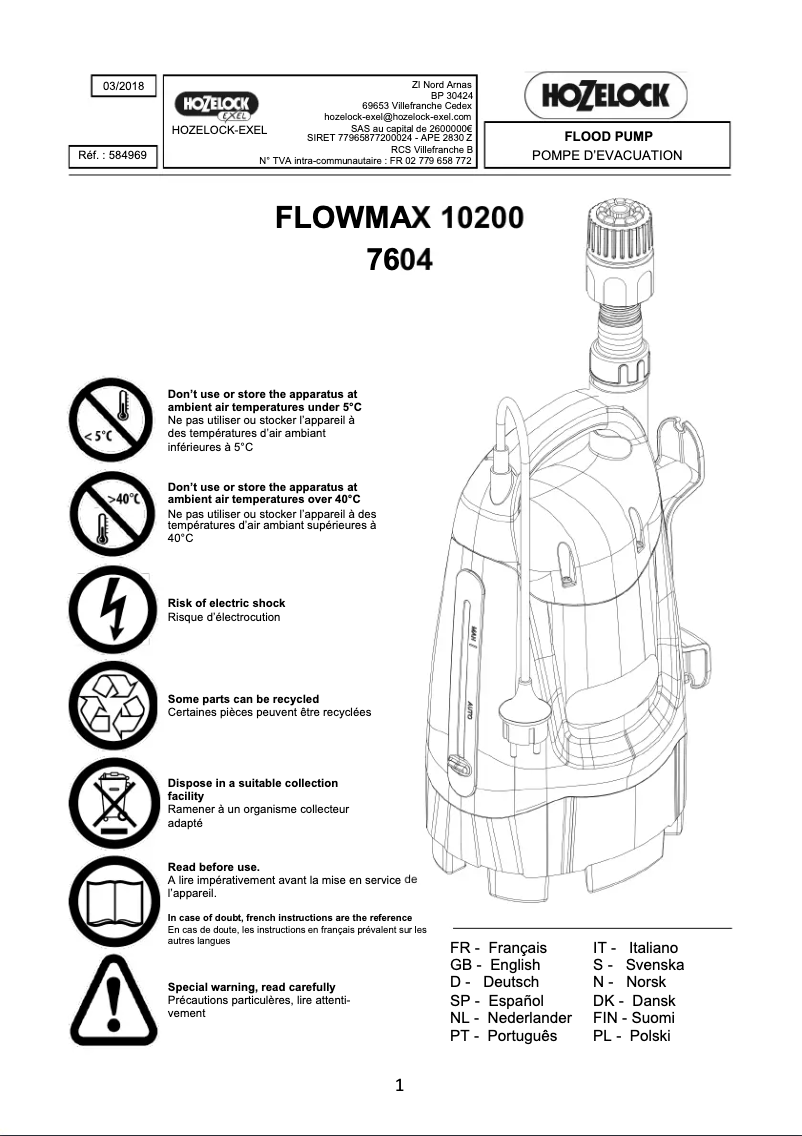 Page 1 de la notice Manuel utilisateur Hozelock Flowmax 10200 7604