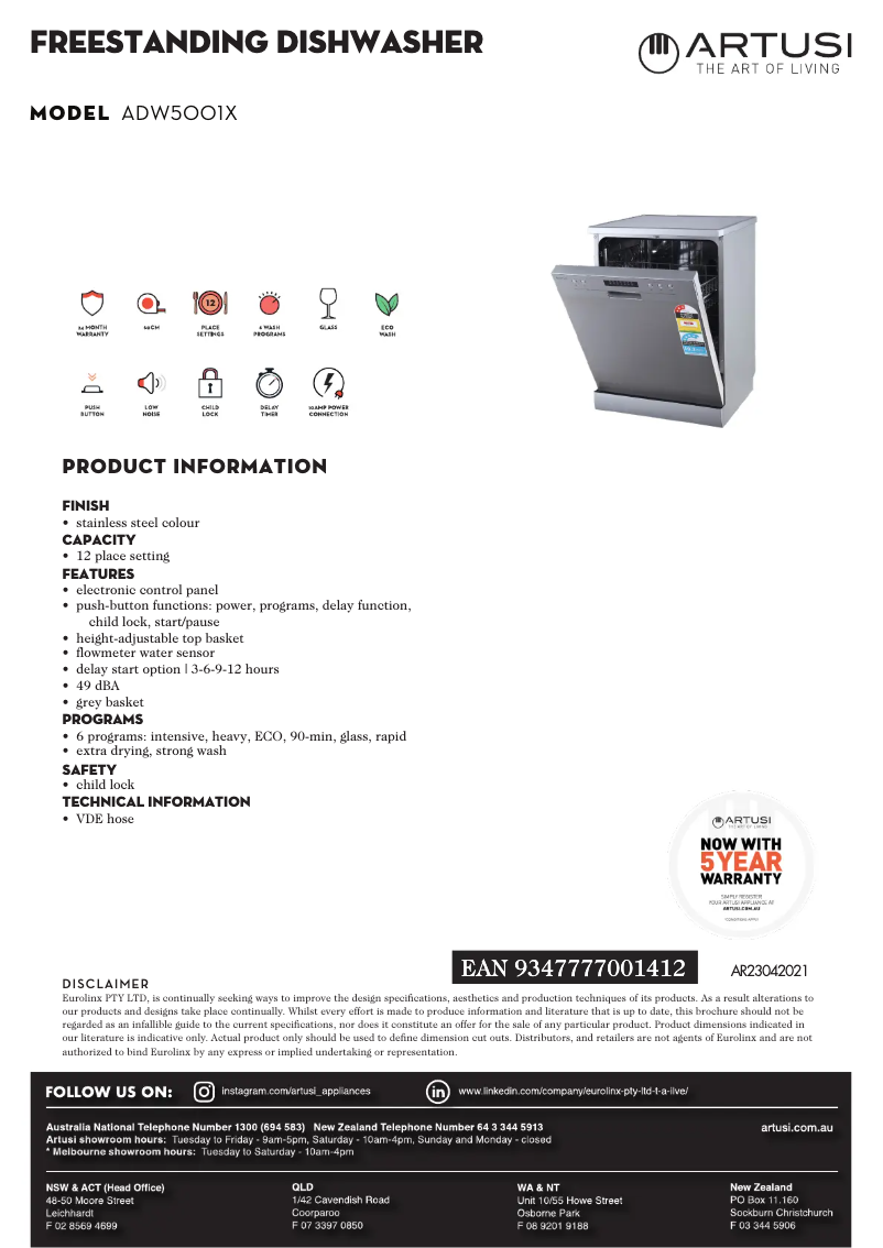 Page 1 de la notice Fiche technique Artusi ADW5001X