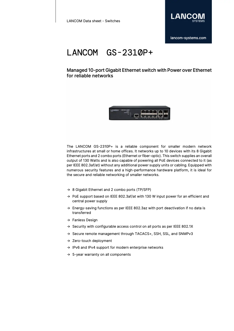 Page 1 de la notice Fiche technique Lancom GS-2310P+