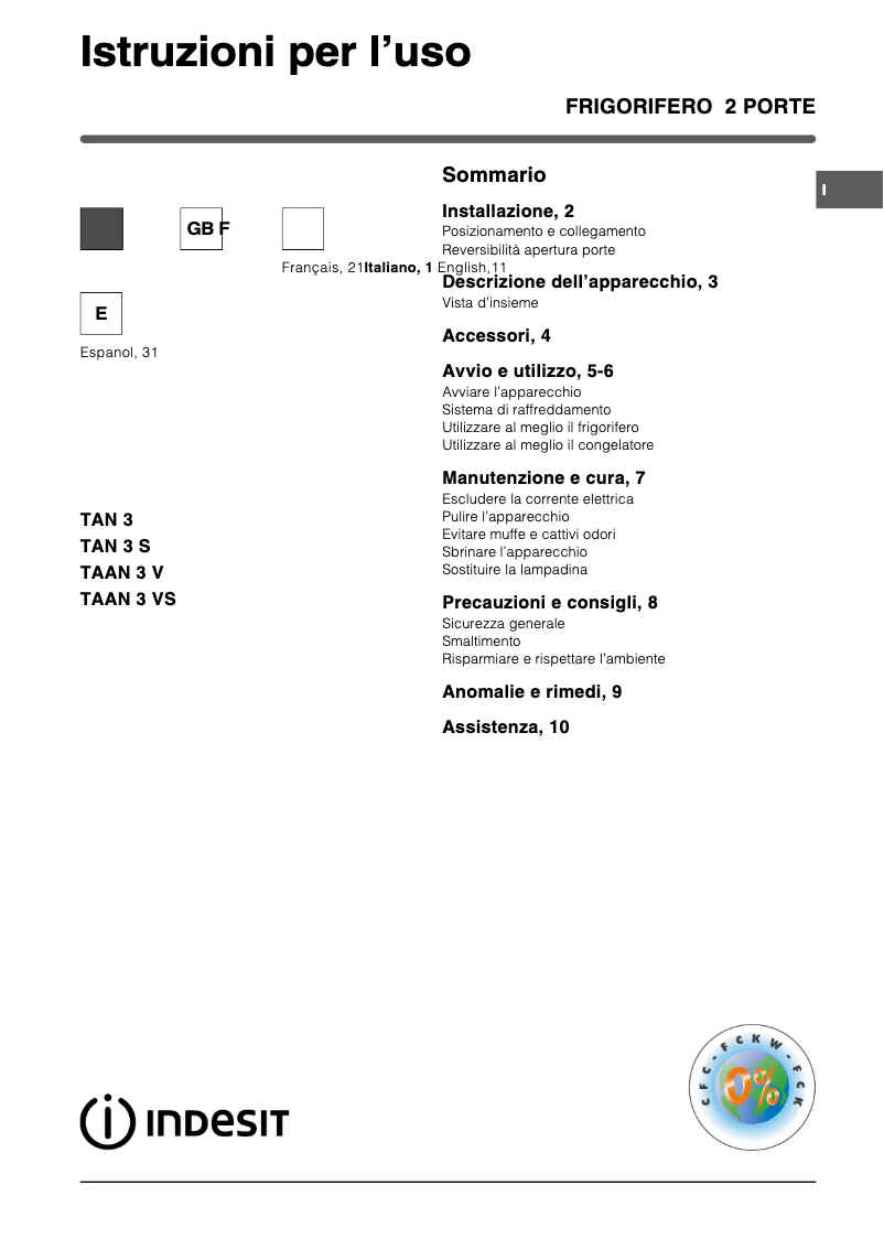 Page 1 de la notice Manuel utilisateur Indesit TAAN 3 VS