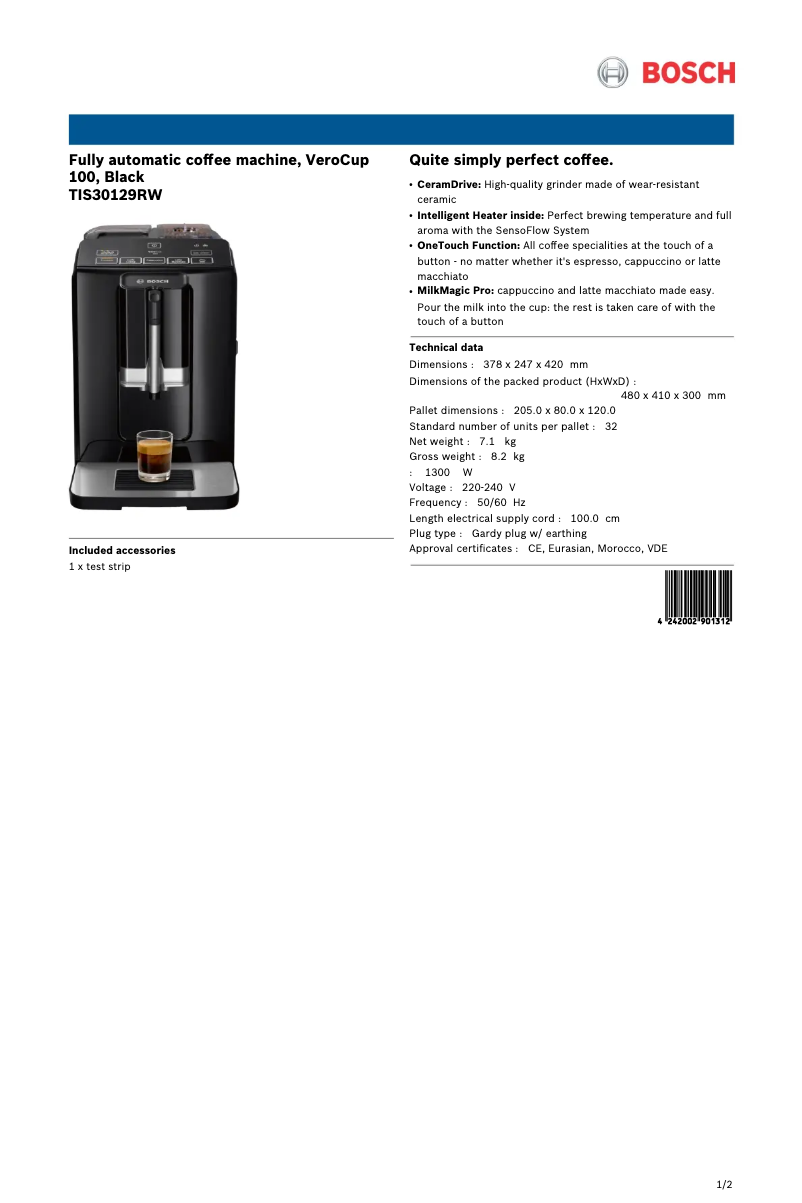 Page 1 de la notice Fiche technique Bosch VeroCup 100 TIS30129RW