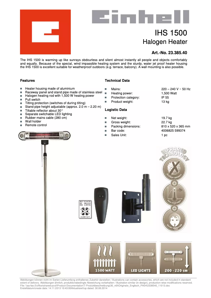 Page 1 de la notice Fiche technique Einhell IHS 1500