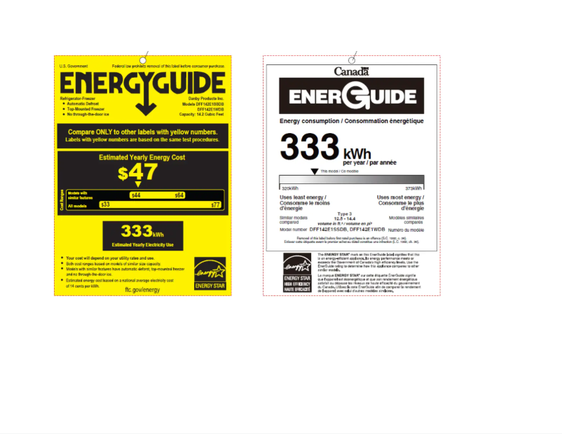 Page 1 de la notice Label énergétique Danby DFF142E1WDB