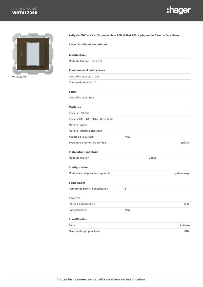 Page 1 de la notice Fiche technique Hager WHT41209B