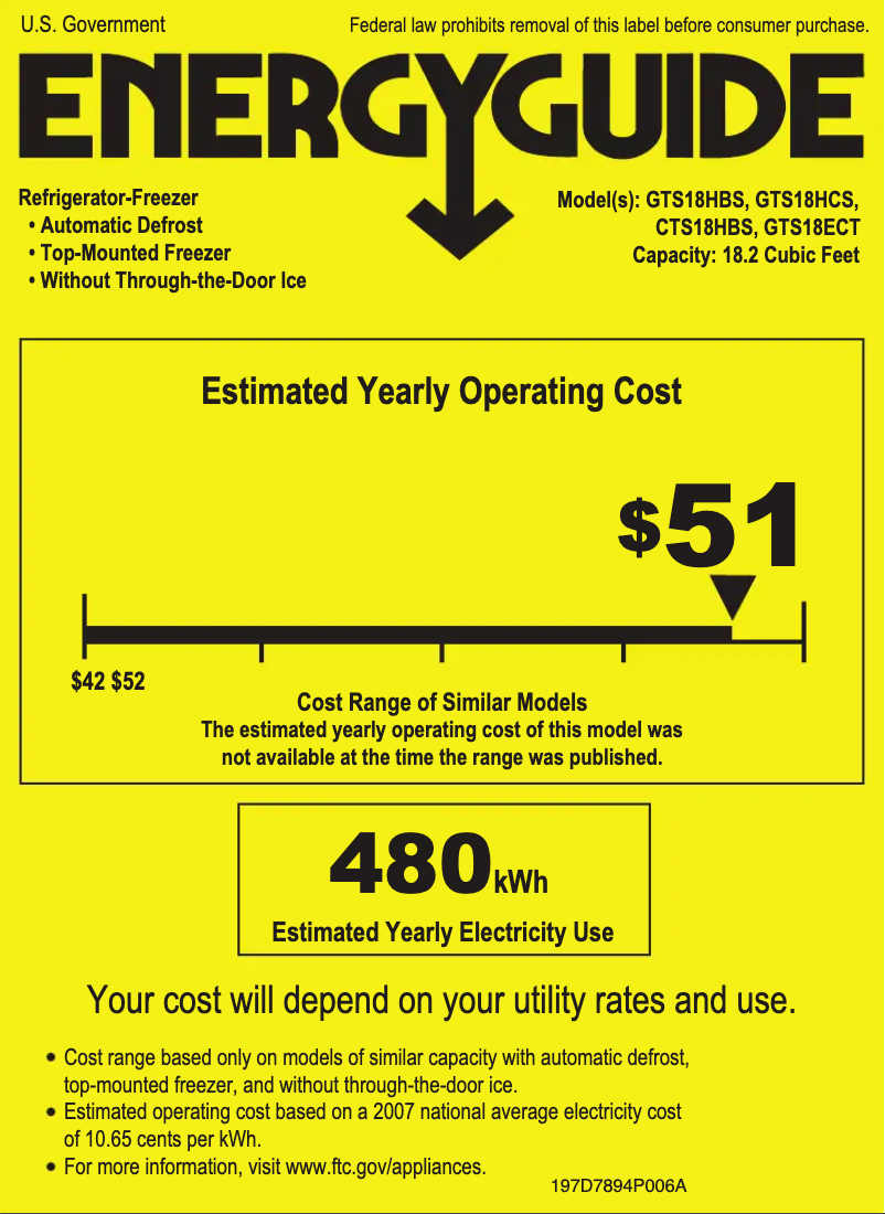 Page 1 de la notice Label énergétique GE GTS18HBSWW
