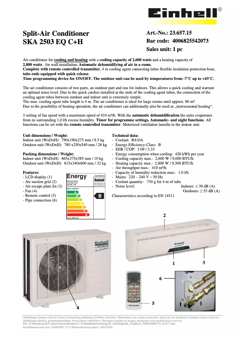 Page 1 de la notice Manuel utilisateur Einhell SKA 2503 EQ C+H