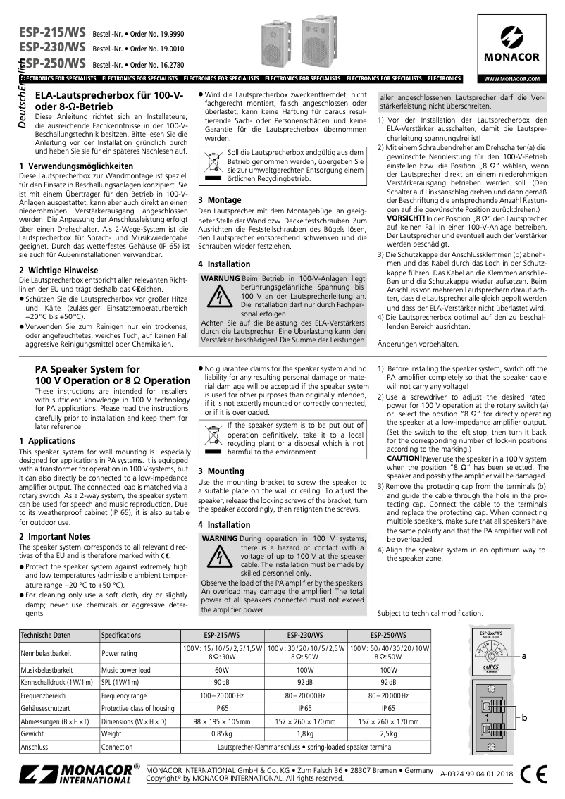 Page 1 de la notice Manuel utilisateur Monacor ESP-230/WS
