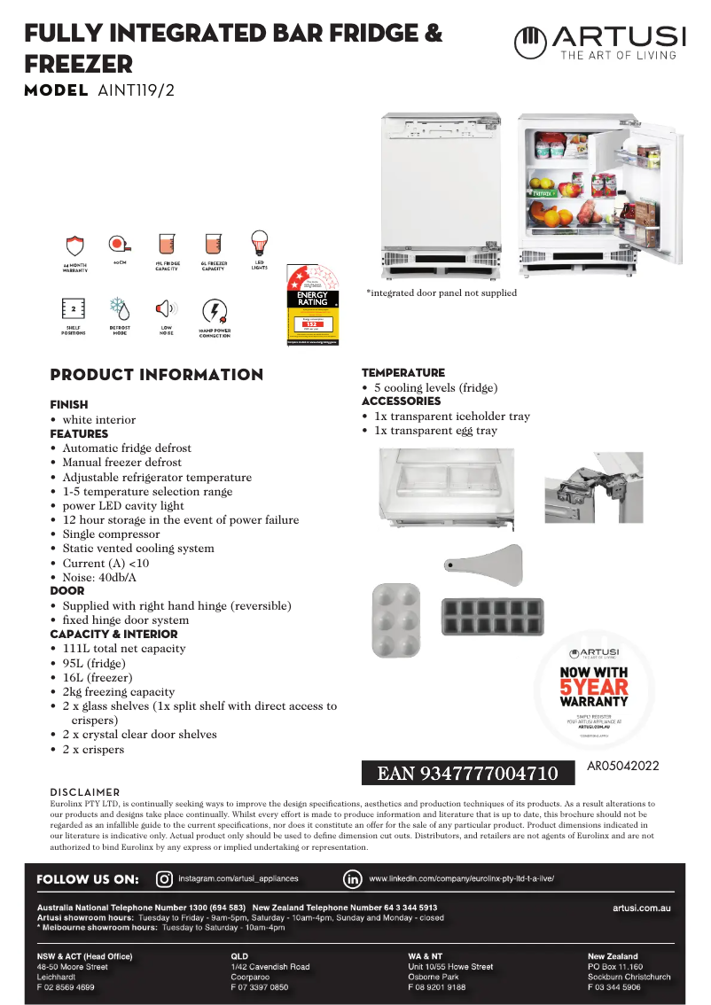 Page 1 de la notice Fiche technique Artusi AINT1192
