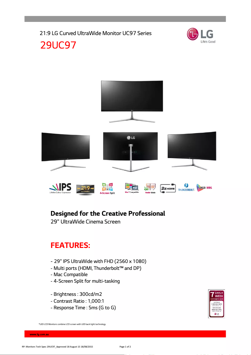 Page 1 de la notice Fiche technique LG 29UC97-S