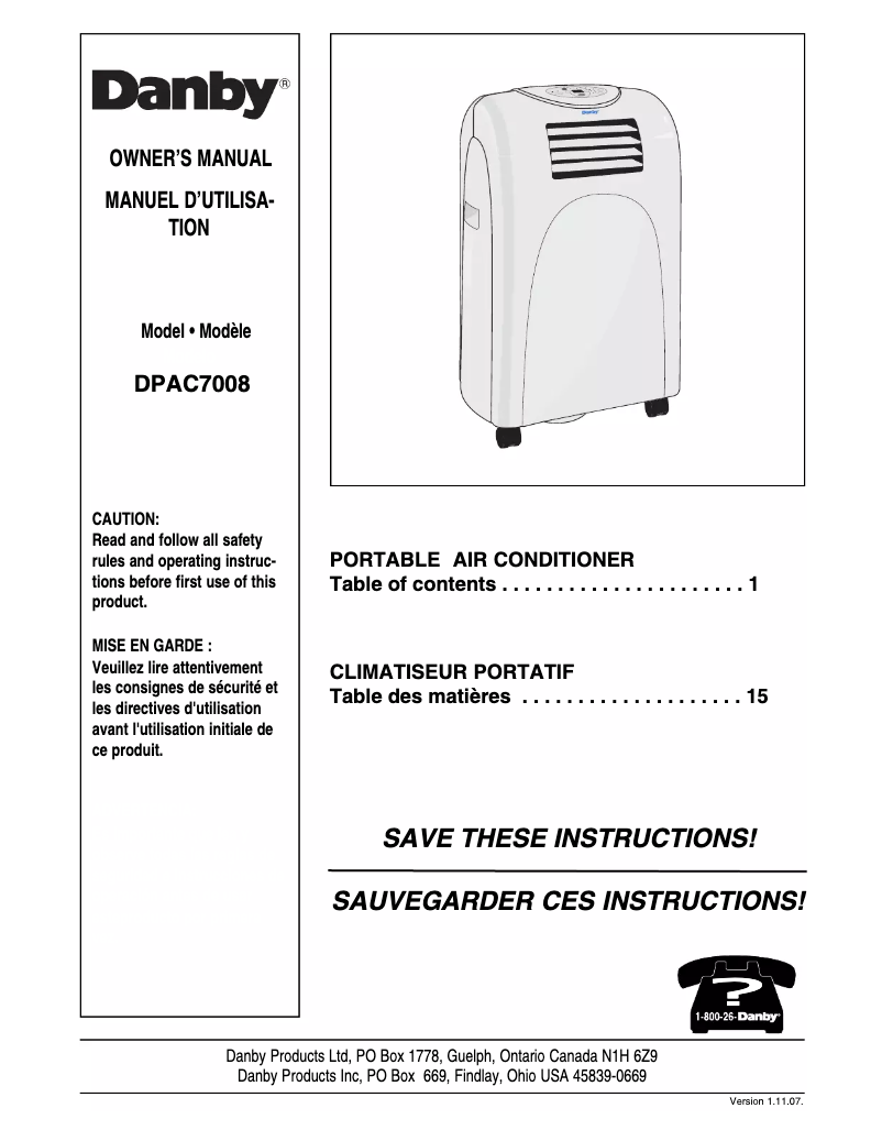 Page 1 de la notice Manuel utilisateur Danby DPAC7008
