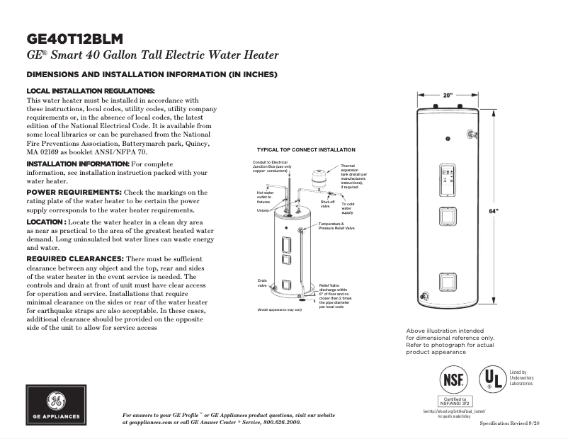 Page 1 of the manual Technical Sheet GE GE40T12BLM