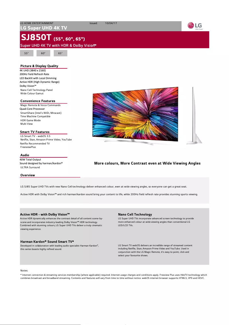 Page 1 de la notice Fiche technique LG 65SJ850T