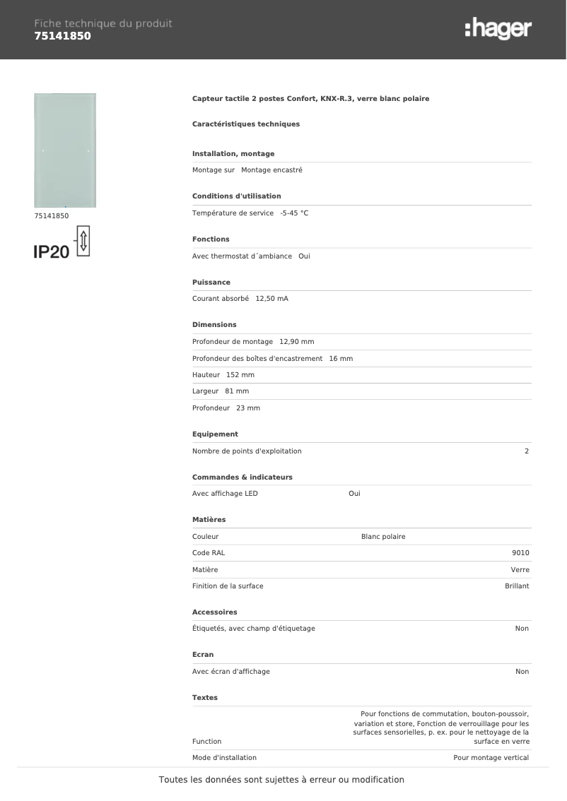 Page 1 of the manual Technical Sheet Hager 75141850