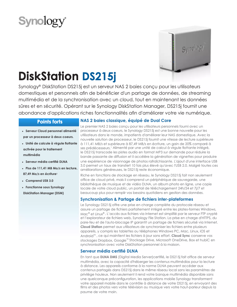 Page 1 de la notice Fiche technique Synology DiskStation DS215J