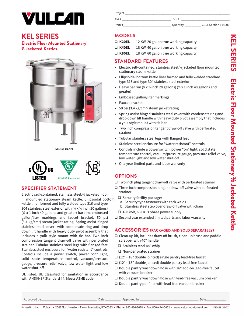 Page 1 de la notice Fiche technique Vulcan K40EL