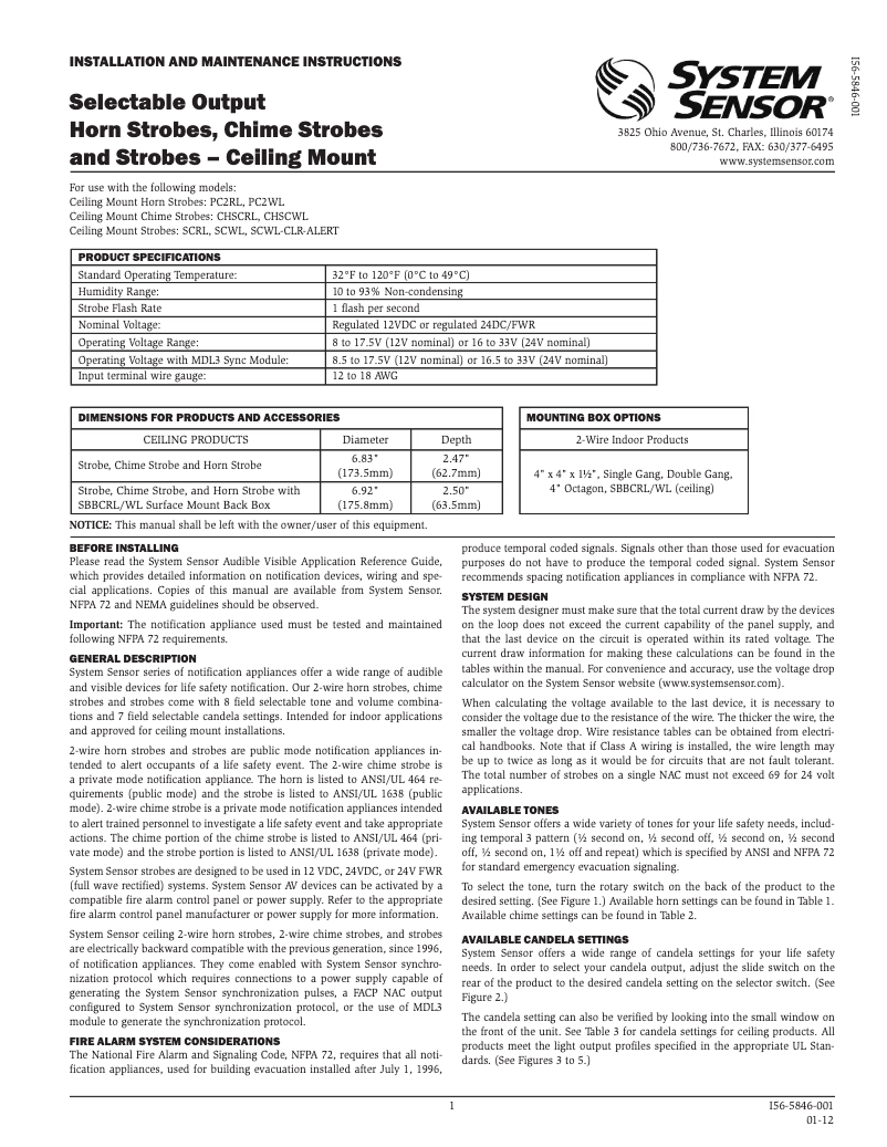 Page 1 de la notice Manuel utilisateur System Sensor PC2RL