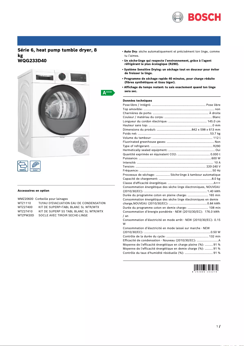 Page 1 of the manual Technical Sheet Bosch WQG233D40
