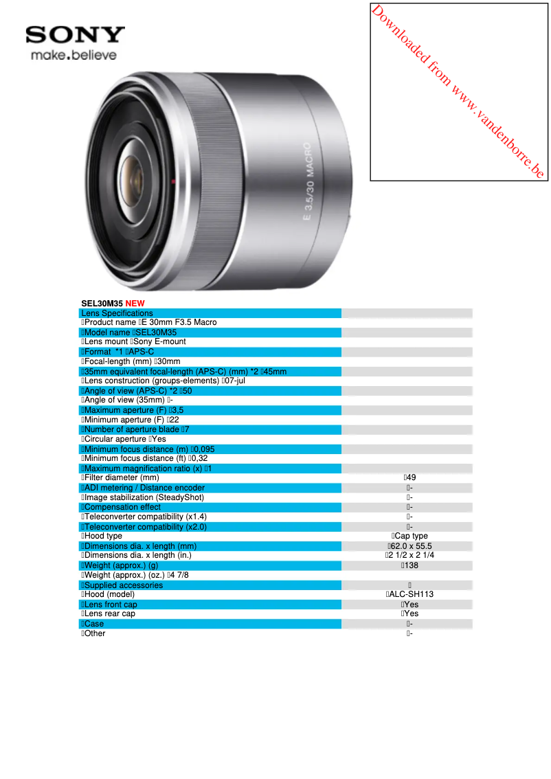 Page 1 de la notice Fiche technique Sony E 30mm F3.5 Macro