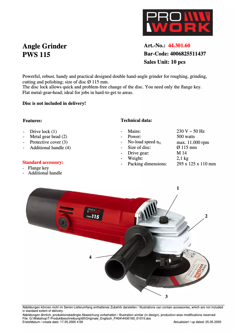 Page 1 de la notice Manuel utilisateur Prowork PWS 115
