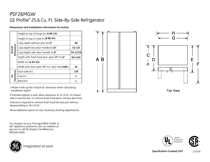 Page n°1 - Fiche technique GE Profile PSF26MGWCC