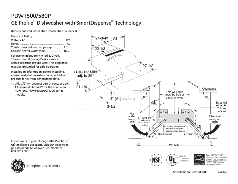 Page n°1 - Fiche technique GE Profile PDWT580PSS