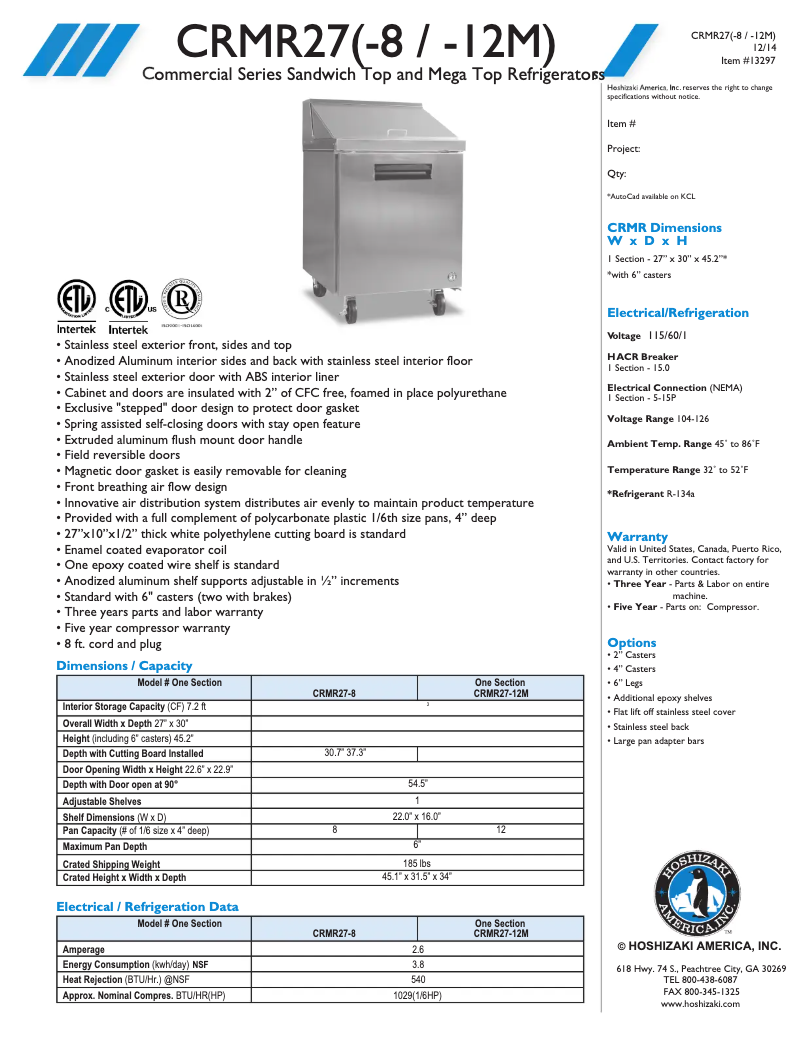 Page 1 de la notice Fiche technique Hoshizaki CRMR27-8