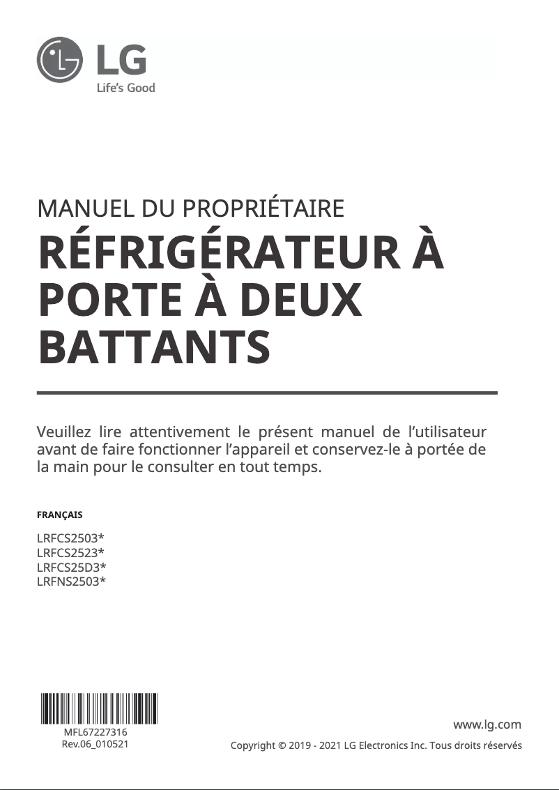 Page 1 de la notice Manuel utilisateur LG LRFCS2503W