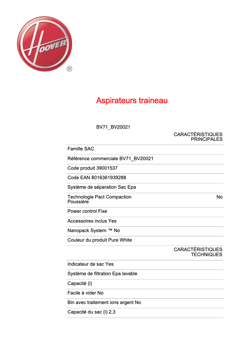 Page 1 de la notice Fiche technique Hoover BV71_BV20021