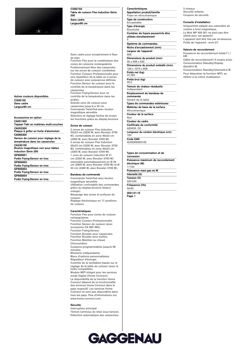 Página 1 del manual Ficha técnica Gaggenau CI292102