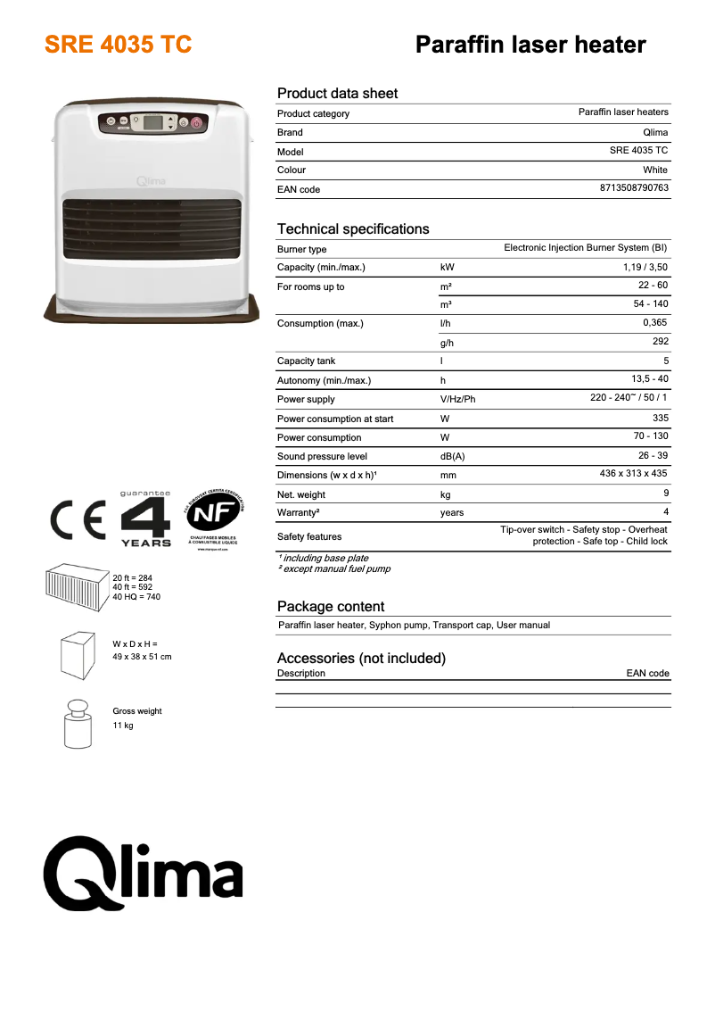 Page 1 de la notice Fiche technique Qlima SRE4035TC