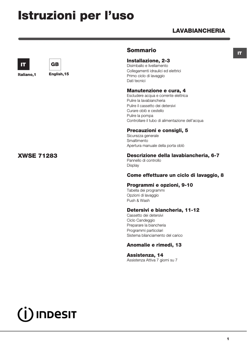 Página 1 del manual Manual de usuario Indesit XWSE 71283X WWGG IT