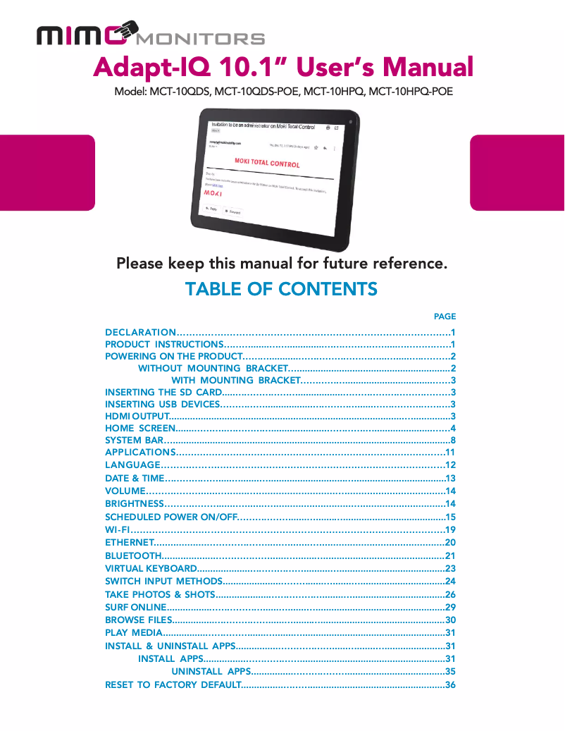 Page 1 de la notice Manuel utilisateur Mimo Monitors Adapt-IQ MCT-10QDS-POE
