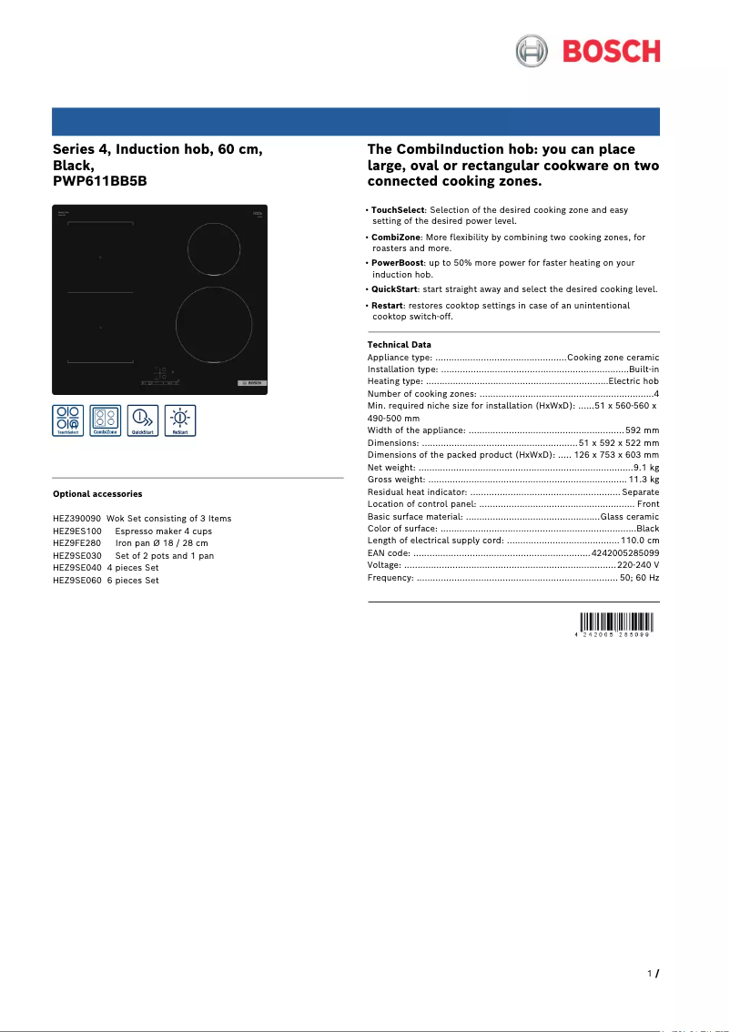 Page 1 of the manual Technical Sheet Bosch Serie 4 PWP611BB5B