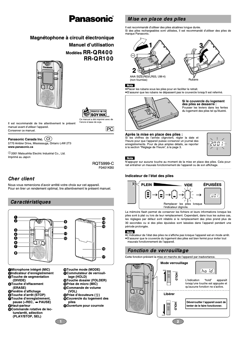 Page 1 de la notice Manuel utilisateur Panasonic RR-QR100