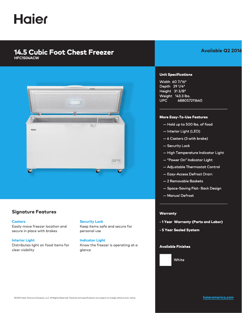 Page 1 de la notice Fiche technique Haier HFC1504ACW