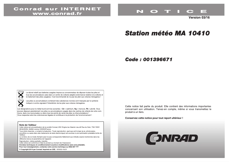 Page 1 de la notice Manuel utilisateur Techno Line MA10410
