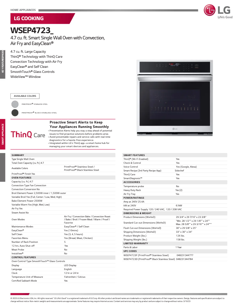 Página 1 del manual Ficha técnica LG WSEP4723D