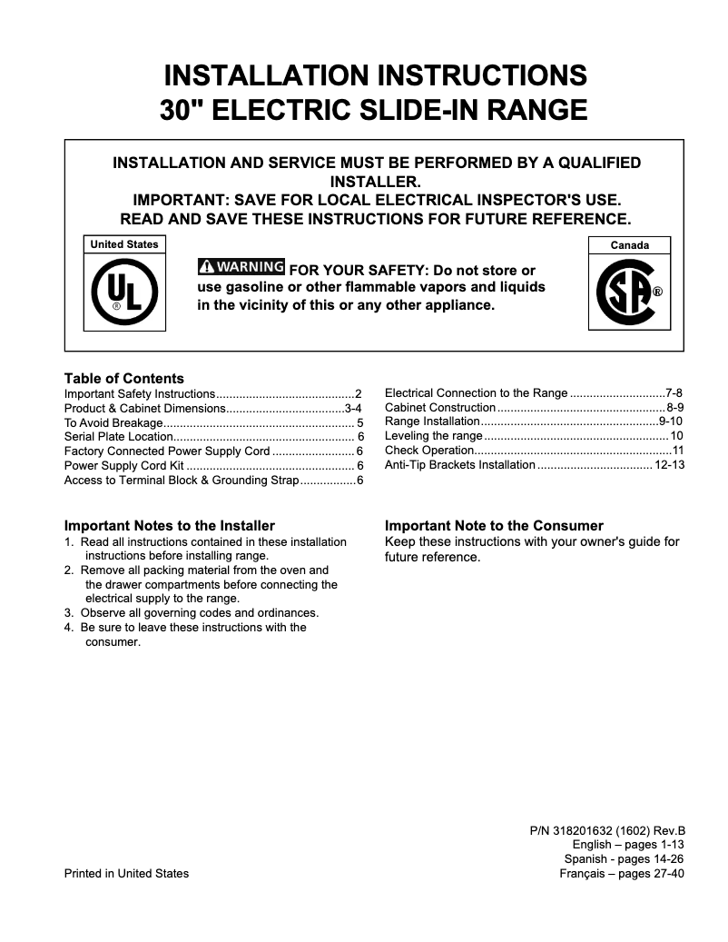 Page 1 de la notice Guide d'installation Frigidaire FFES3016TB