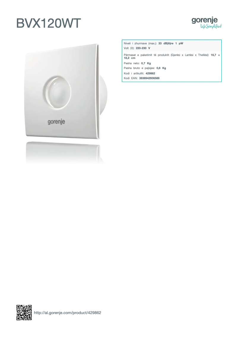 Page 1 de la notice Fiche technique Gorenje BVX120WT