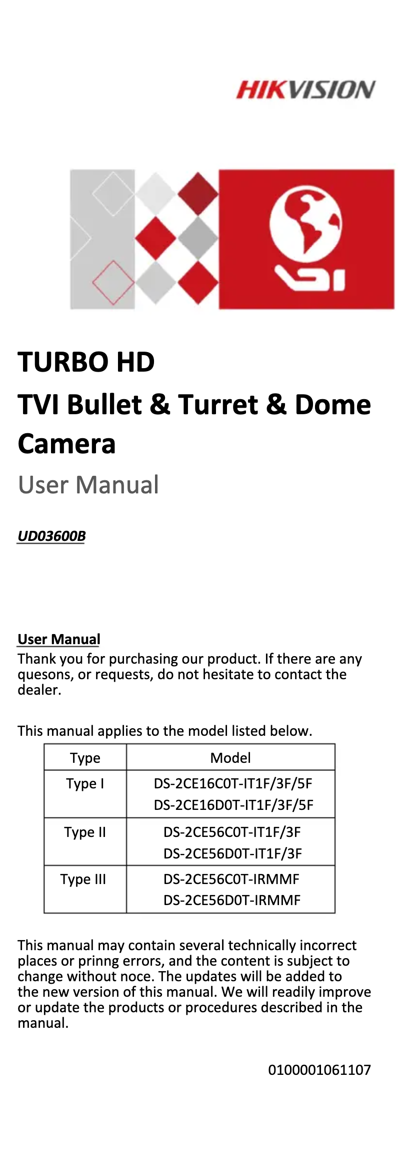 Page 1 de la notice Mode d'emploi Hikvision DS-2CE16C0T-IT1F