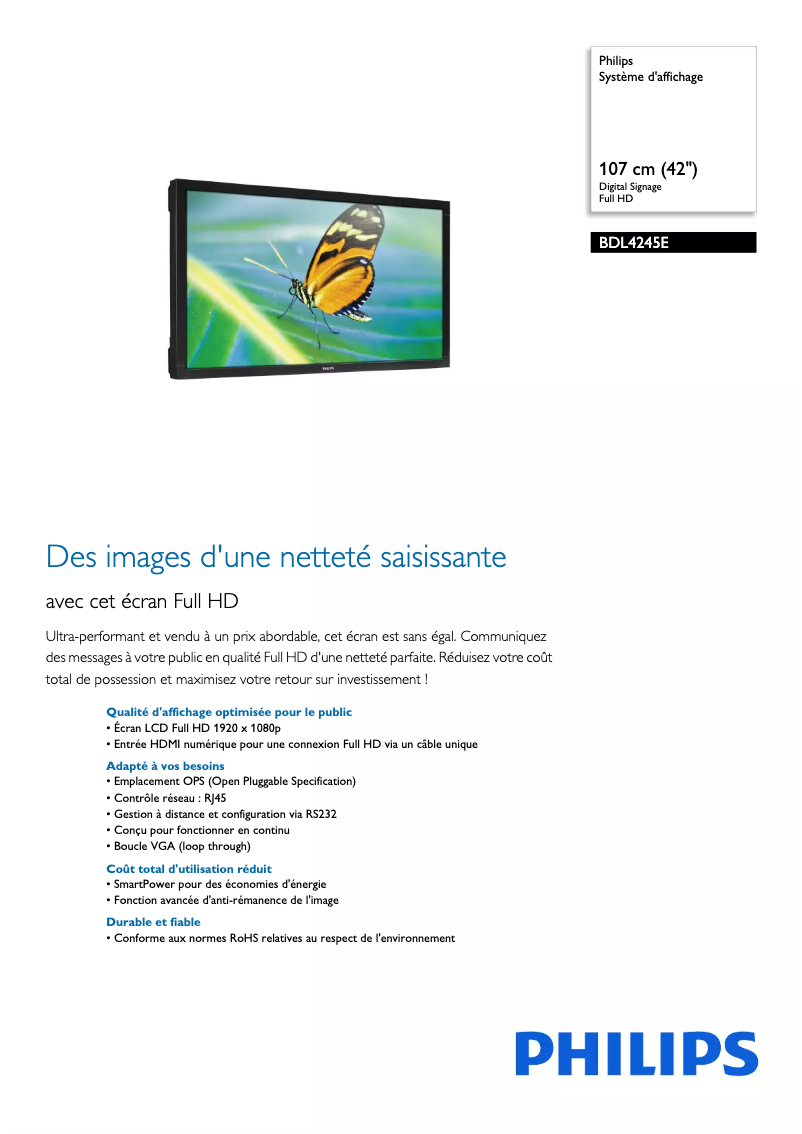 Page 1 de la notice Fiche technique Philips BDL4245E