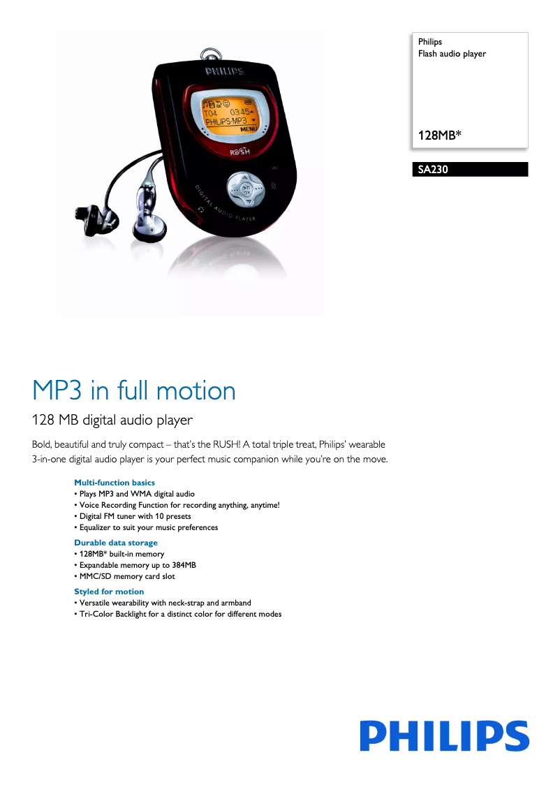 Page 1 of the manual Technical Sheet Philips SA230