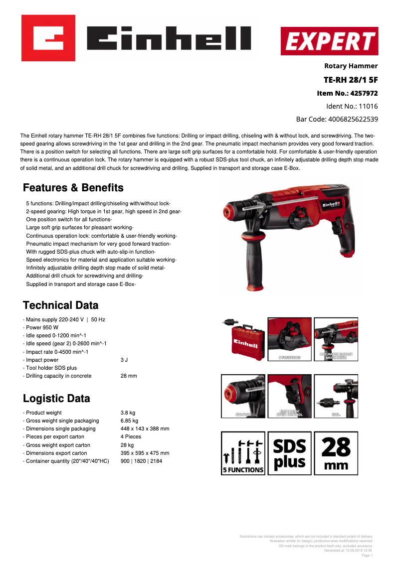 Page 1 de la notice Fiche technique Einhell TE-RH 28/1 5F