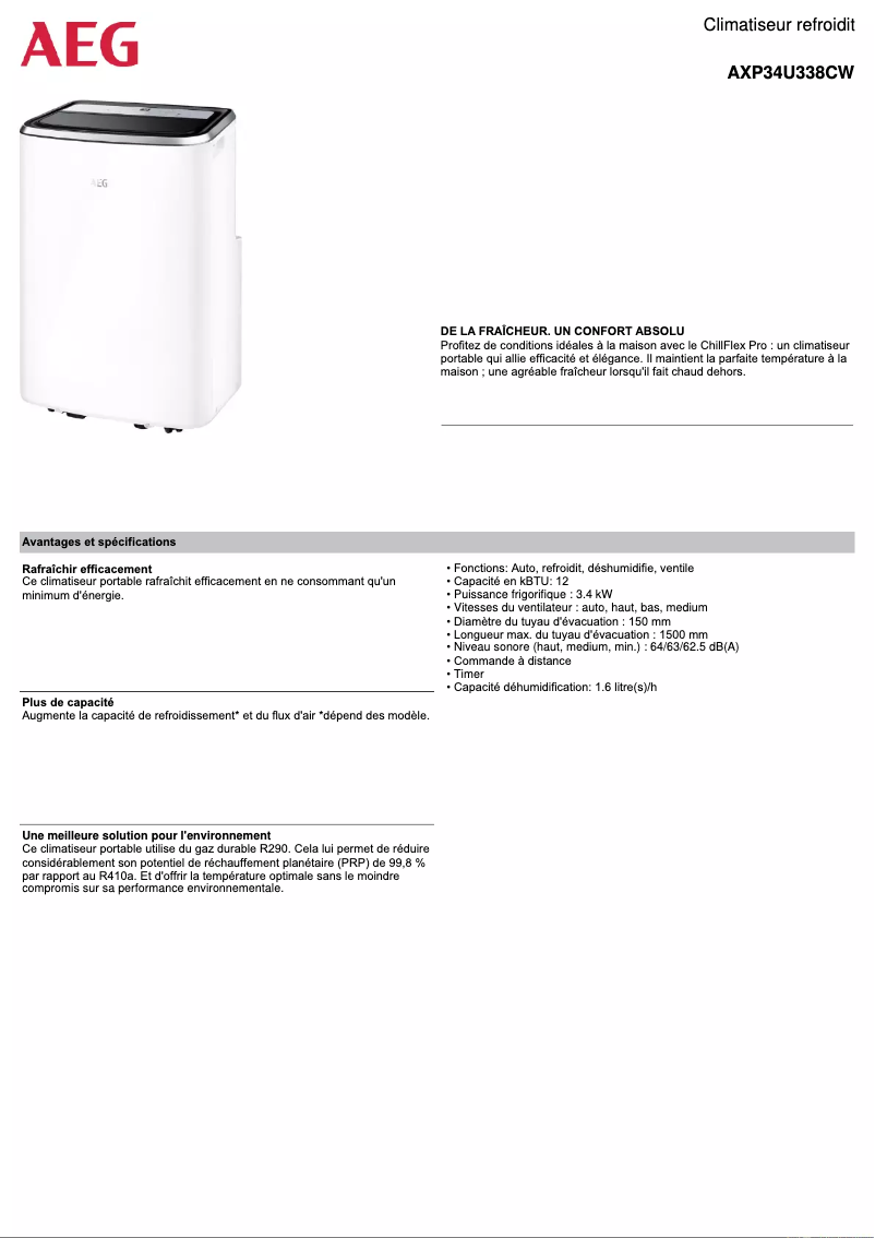 Page 1 de la notice Fiche technique AEG AXP34U338CW