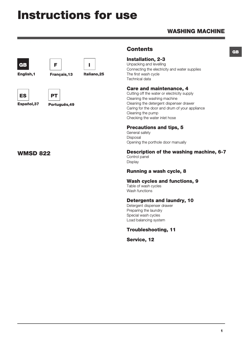 Page 1 de la notice Manuel utilisateur Hotpoint Ariston WMSD 822BX EU