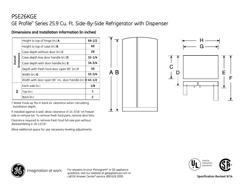 Page 1 de la notice Fiche technique GE Profile PSE26KBB