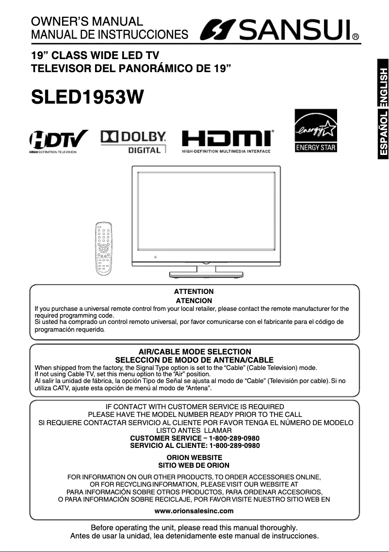 Page 1 de la notice Manuel utilisateur Sansui SLED1953W