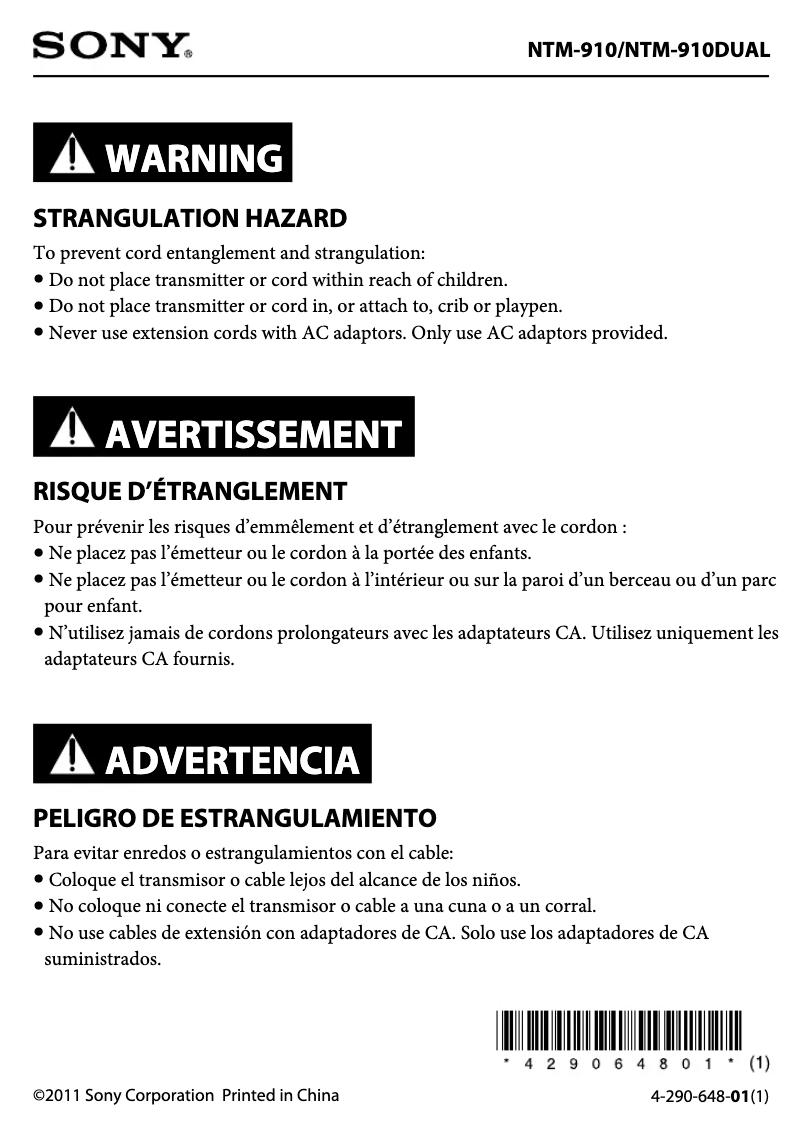 Page n°1 - Instructions de sécurité Sony NTM-910